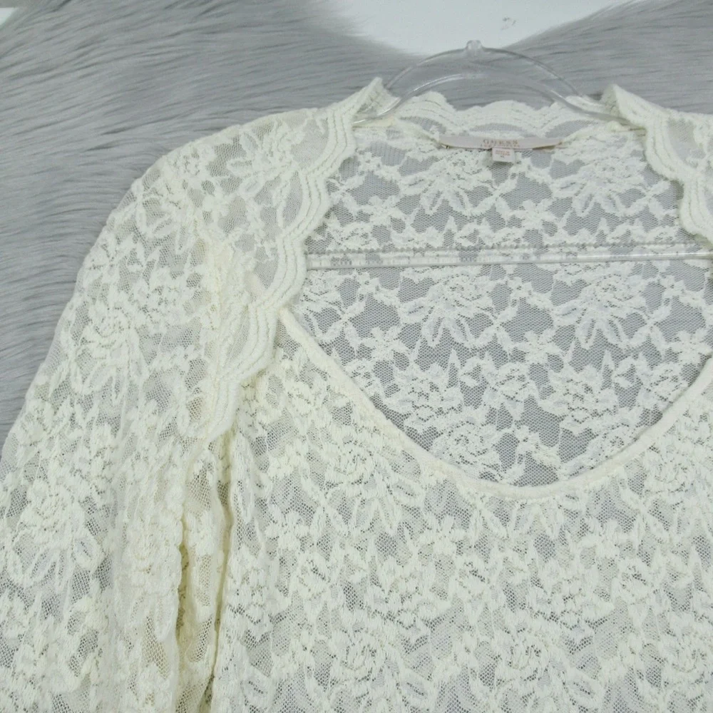 GUESS Ivory Lace Sweetheart Neck Long sleeve Sheer Blouse Women's Size XL